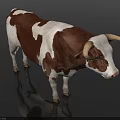 Brown And White Horned Cow Standing On Gray Background With Reflection 3d model