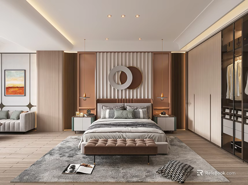 Modern Bedroom Interior Design With Bed Bedside Tables Round Decor And Wardrobe Rug Bench 3d model 