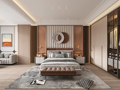 Modern Bedroom Interior Design With Bed Bedside Tables Round Decor And Wardrobe Rug Bench 3d model
