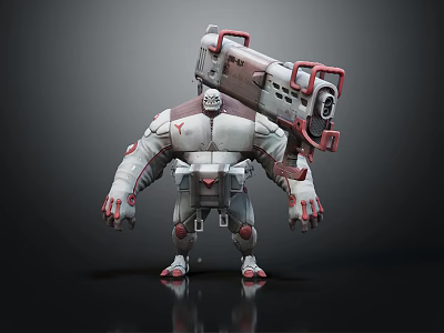 Bulky Sci Fi Game Movie Character With Red And White Mechanical Arms And Armor 3d model