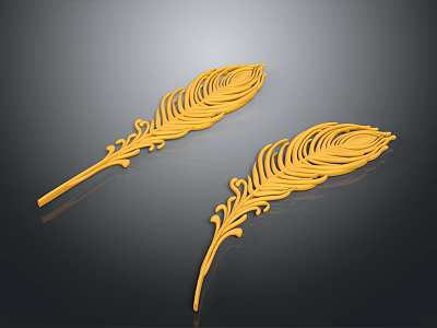 Pair of Golden Bird Feather Decorative Accessories With Shiny Elegant Design 3d model