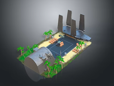 Realistic Military Base Model With Tall Towers Palm Trees And Armored Vehicles 3d model