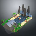 Realistic Military Base Model With Tall Towers Palm Trees And Armored Vehicles