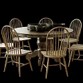 Rustic Wooden Dining Table Set with Round Table and Six Windsor Style Chairs 3d model