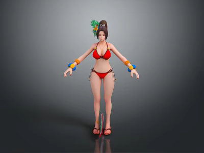 Woman In Red Bikini With Colorful Bracelets Green Feather Headpiece And Sandals 3d model