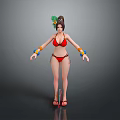 Woman In Red Bikini With Colorful Bracelets Green Feather Headpiece And Sandals