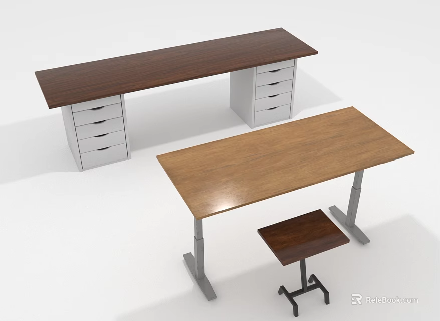 Wooden Office Tables With Drawers And Adjustable Height Design Including Matching Stool 3d model 