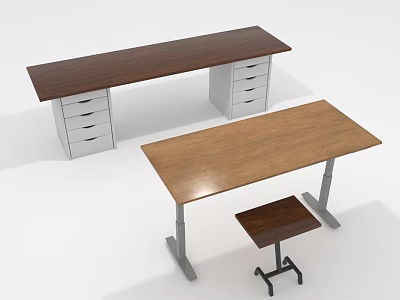 Wooden Office Tables With Drawers And Adjustable Height Design Including Matching Stool 3d model