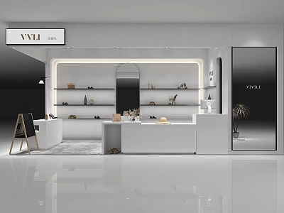 VVII Shoe Store White Interior With Shelves Displaying Shoes Counter Mirror And Plants 3d model