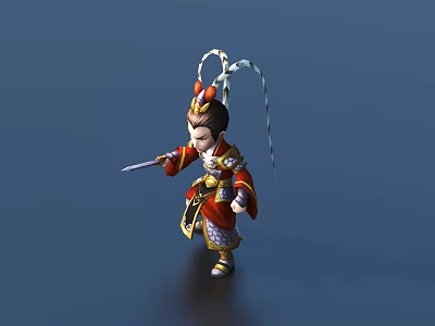 Animated Game Movie Character In Red Traditional Outfit Holding Sword With Flowing Ribbons 3d model