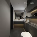 Modern Bathroom Interior Design With Gray Cabinets Glass Shower Partition Lighting Strips and Vanity