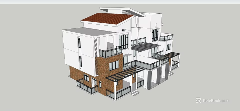 Modern Detached Villa With Red Roof Brick Wall Balconies And Glass Windows 3d model 