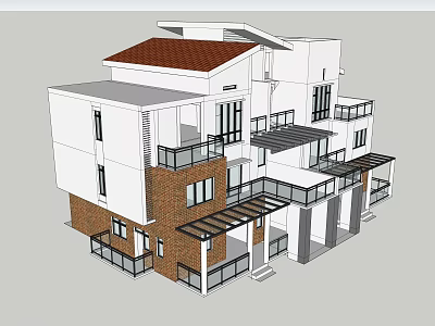 Modern Detached Villa With Red Roof Brick Wall Balconies And Glass Windows 3d model