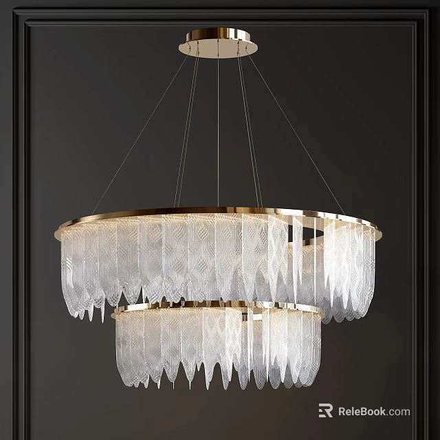 Crystal Chandelier With Double Layer Feather Like Glass Crystals And Gold Frame Design 3d model 