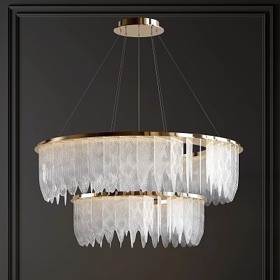 Crystal Chandelier With Double Layer Feather Like Glass Crystals And Gold Frame Design 3d model