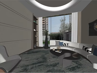 Modern Hotel Public Lounge Area With Sofa Seating Round Coffee Table And Large Windows 3d model