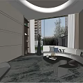 Modern Hotel Public Lounge Area With Sofa Seating Round Coffee Table And Large Windows