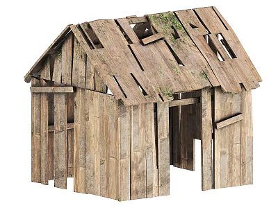 Dilapidated Old Wooden Cabin With Broken Roof Moss And Cracked Planks 3d model