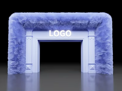 Event Entrance with Purple Fluffy Material and White Decorative Pillars Featuring Central Logo Sign 3d model