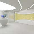 Modern Hotel Lobby With Curved Design White Reception Desk And Decorative Spheres