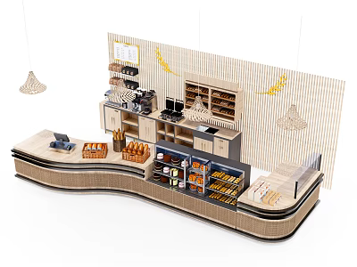 Modern Reception Desk Design With Wooden Counter Hanging Lamps And Display Shelves 3d model