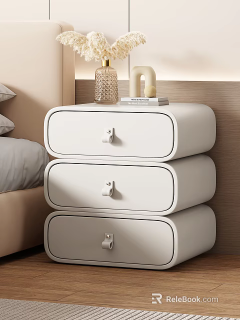 White Nightstand With Three Drawers Metal Handles And Woven Lamp On Top 3d model 