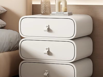 White Nightstand With Three Drawers Metal Handles And Woven Lamp On Top 3d model