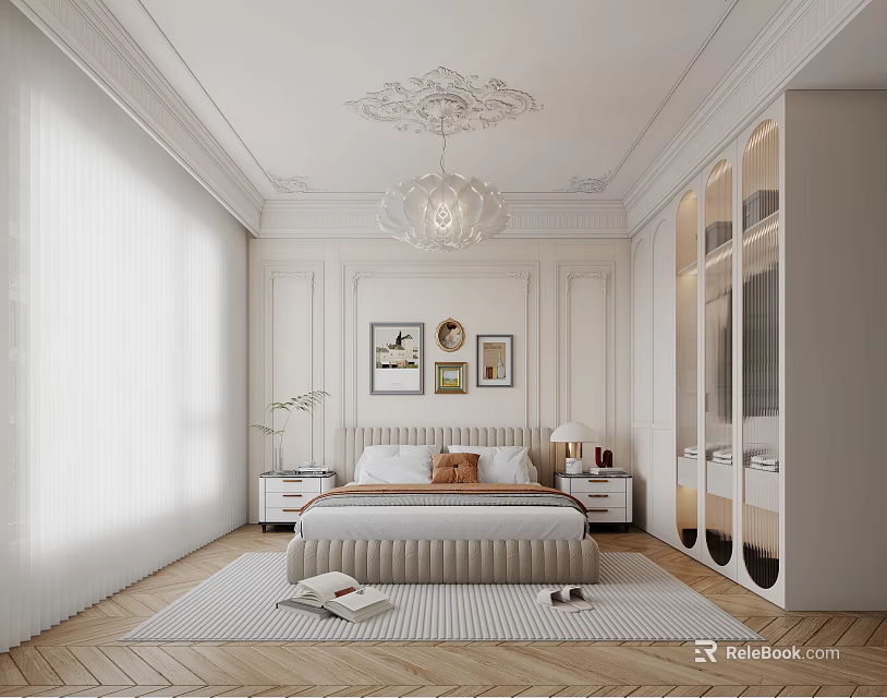 Elegant Bedroom Interior Design With Chandelier Decorative Paintings Wardrobe And Soft Carpet 3d model 
