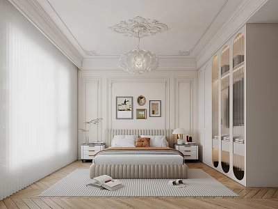 Elegant Bedroom Interior Design With Chandelier Decorative Paintings Wardrobe And Soft Carpet 3d model