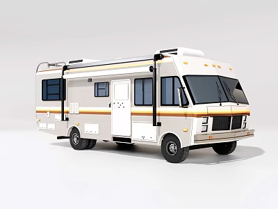 White Recreational Vehicle Exterior With Yellow Stripes Windows Door And Roof Rack 3d model