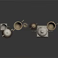 Various Trophy Collection Display With Silver And Gold Metal Designs And Spiral Wooden Bases