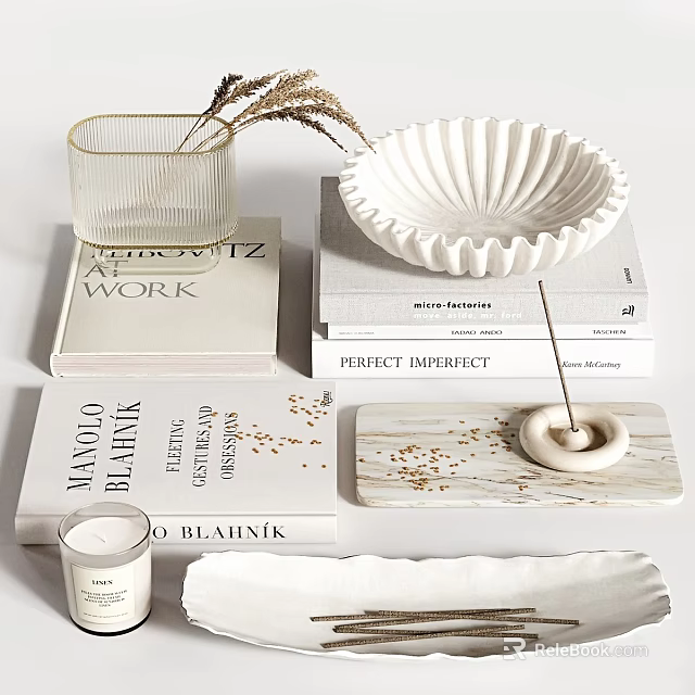 Elegant Modern Decorative Ornament Set With Glass Vase White Ruffled Bowl And Marble Tray Diffuser 3d model 