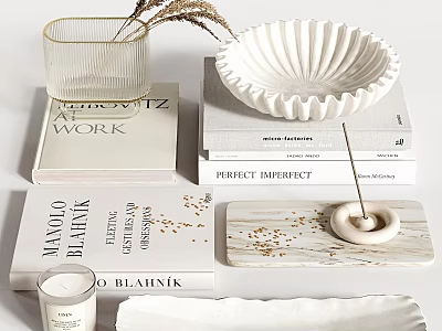 Elegant Modern Decorative Ornament Set With Glass Vase White Ruffled Bowl And Marble Tray Diffuser 3d model