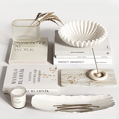 Elegant Modern Decorative Ornament Set With Glass Vase White Ruffled Bowl And Marble Tray Diffuser 3d model