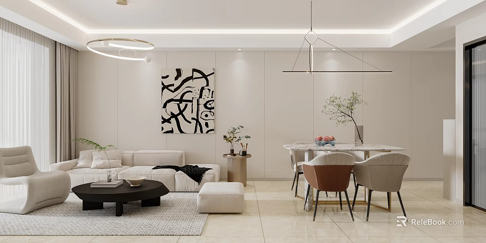 Modern Living And Dining Room Interior With Sofa Abstract Painting Dining Table And Pendant Lights 3d model 