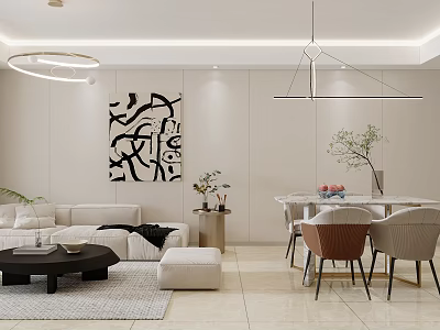 Modern Living And Dining Room Interior With Sofa Abstract Painting Dining Table And Pendant Lights 3d model