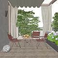 Cozy Home Balcony With Outdoor Chairs Coffee Table Flower Plants And Curtain Decorations