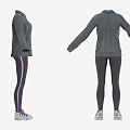 Gray Denim Jacket With Zipper And Black Leggings With Purple White Sneakers
