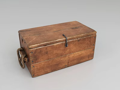 Vintage Wooden Chest With Metal Lock Rope Handle And Distressed Finish 3d model