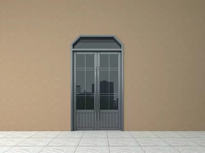 Double Doors with Glass Panels Showing City Reflection on Beige Wall and White Tile Floor 3d model