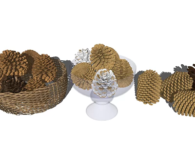 Natural Pinecone Decorative Ornament Set With Wicker Basket Pedestal Dish And Scattered Pieces 3d model