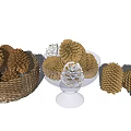 Natural Pinecone Decorative Ornament Set With Wicker Basket Pedestal Dish And Scattered Pieces
