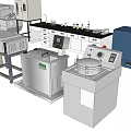 Industrial Equipment Setup With Workbenches Machines Cabinets And Storage Units