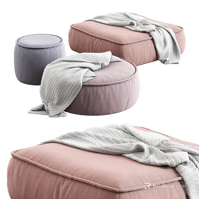 Gray and Pink Ottoman Poufs With Cozy Blankets For Living Room Decor 3d model 