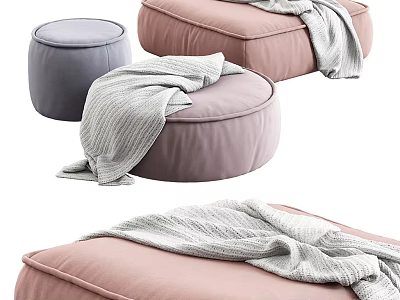 Gray and Pink Ottoman Poufs With Cozy Blankets For Living Room Decor 3d model