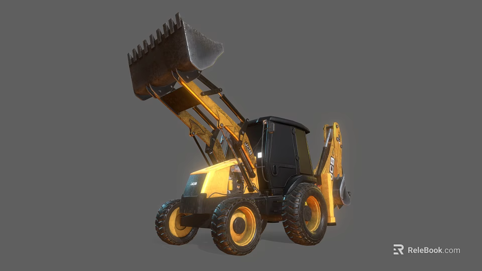 Heavy Duty Yellow Backhoe Loader with Loader Bucket Excavator Arm Black Cabin and Large Tires 3d model 