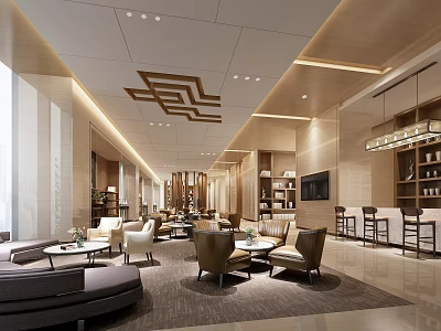 Modern Lounge Area Design With Comfortable Sofas Chairs And Ambient Lighting 3d model
