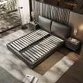 Modern Double Bed With Vertical Striped Headboard Nightstands And Scenic View