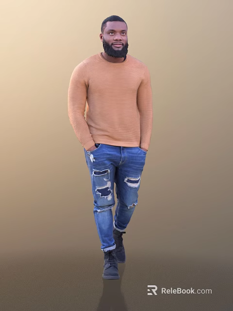 Man Wearing Brown Sweater And Distressed Jeans With Hands In Pockets 3d model 