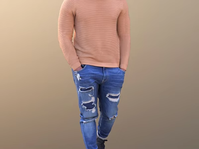Man Wearing Brown Sweater And Distressed Jeans With Hands In Pockets 3d model